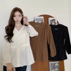 여성 긴팔 허리밴딩 브이넥 기본데일리룩 블라우스 데일리룩 간절기 슬림핏 브이넥블