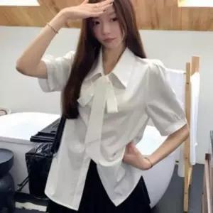 여성 리본카라 시원한 반팔 캐주얼 여름 블라우스 카라