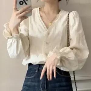 여성 블라우스 여름 브이넥 프릴 러블리 퍼프 큐티