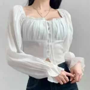 여성 스모크 봄가을 긴팔 페미닌 레이스 셔링 블라우스
