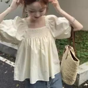 여성 여름 스퀘어넥 블라우스 스모크밴딩 반팔 벌룬 러블리