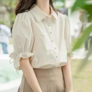여성 셔츠 퍼프소매 여름 콩단추 블라우스 단아한 반팔