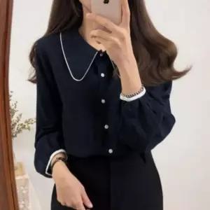 여성 둥근카라 봄가을 배색 셔츠 소매셔링 블라우스