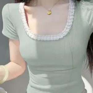 러블리 레이스 스퀘어넥 슬림핏 크롭 반팔티 데이트룩 HRl25ppo
