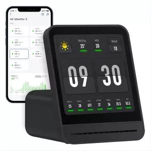칭핑 공기질 모니터 2세대 실내 PM2.5 CO2 소음 온도 및 습도 새로운 업그레이드 알람 시계 기능 침실용