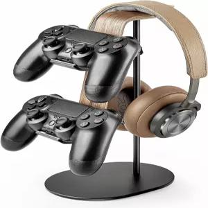 QinCoon 컨트롤러 및 헤드셋 홀더 알루미늄 우드 게이밍 헤드폰 스탠드 PS5 Xbox One 닌텐도 스위치 범용