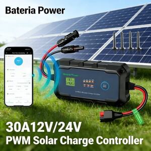 바테리아 파워 30A 태양광 충전 컨트롤러 12V/24V PWM 내장 BT 앱 제어 스마트 플러그 앤 플레이 패널 RV