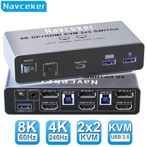 Navceker 4K 240Hz 2x2 HDMI DP KVM 스위치 듀얼 모니터 확장 디스플레이 USB 스위처 2 in out for 컴퓨터
