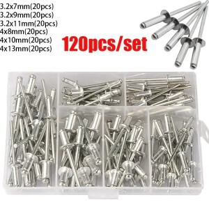 120pcs 알루미늄 스틸 리베 터 패스너 세트 팝 리벳 구색 키트 가구 돔 헤드 블라인드 너트 도구