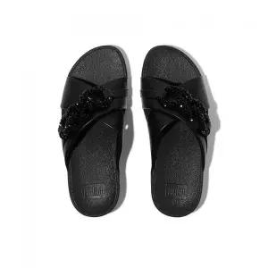 핏플랍 FITFLOP [루루] 여성 비즈 체인 레더 크로스 슬라이드 - 블랙 (FT59K2D015)