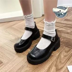 캐주얼 블랙 스트랩 통굽 여성로퍼 편안한 통굽힐 웨지 펌프스 여성로퍼 캐주얼구두