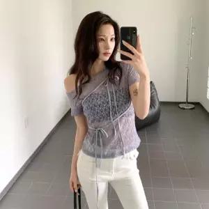 옷자락 여자 랩 오프숄더 시스루 레이스 반팔 티셔츠