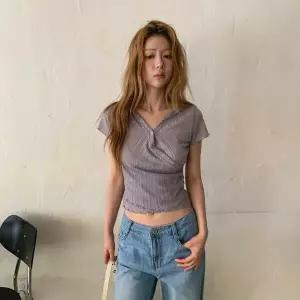 여자 트위스트 후디 짧은 반소매 3컬러 단추 슬리브 스웨터 마원단 티셔츠
