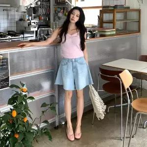 여자 SS 컷오프 면원단 버뮤다 4부 투컬러 오버 반바지