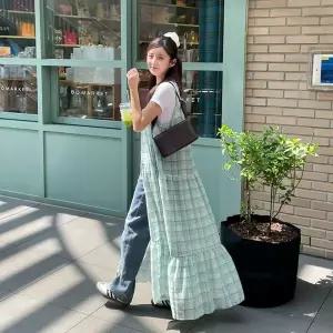 여자 여름 데일리 루즈핏 체크패턴 레이어드 롱 로브 원피스