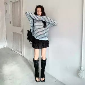 여자 롱슬리브 단가라 3컬러 오버 후디 티셔츠