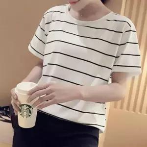 여성 반팔 스트라이프 단가라 줄무늬 티 셔츠 화이트 반팔티 티셔츠 여자 기본티