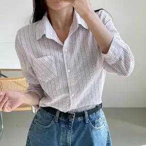 여자 스트라이프 포켓 여름 면남방 루즈핏 긴팔 셔츠