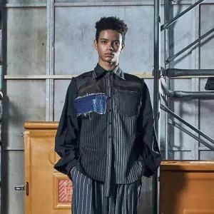 [곽현주컬렉션] 24FW STRIPE DENIM PATCHWORK LONG SHIRT