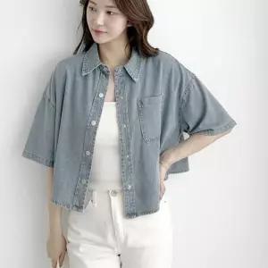 [옷자락] 여자 청남방 셔켓 포켓 카라넥 크롭 박스핏 여름 셔츠