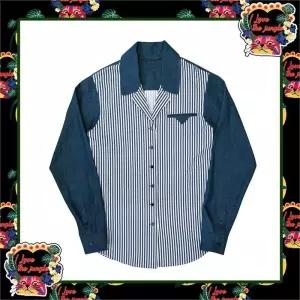 [곽현주컬렉션] CAT SERIES DENIM DETAIL STRIPE SHIRT