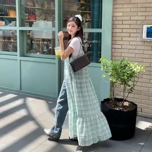 [다잇템]여자 여름 데일리 루즈핏 체크패턴 레이어드 롱 로브 원피스