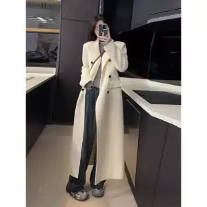 롱코트 브레스티드 오버코트 흰색 라펠 맞춤형 여성 여성코트 모직 하프 겨울 가을 벨티드