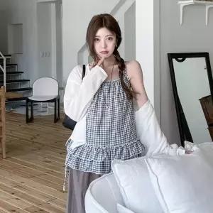 여자 면혼방 루즈핏 캉캉 프릴 체크 뷔스티에 블라우스