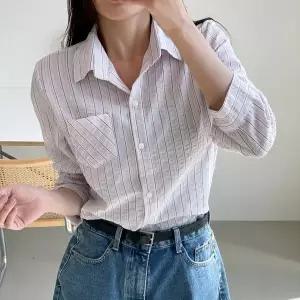 [옷자락]여자 스트라이프 포켓 여름 면남방 루즈핏 긴팔 셔츠_P425597981