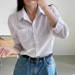 여자 스트라이프 포켓 여름 면남방 긴팔 셔츠