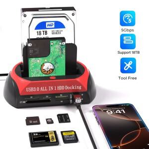 10 IN 1 듀얼 베이 하드 드라이브 스테이션 USB3.0 5Gbps HDD 도킹 스테이션(2.5/3.5인치 HDD/SSD TF 카드