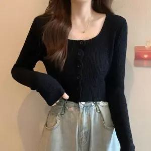 [하프클럽/]여성 여름 시즌 크롭형 스퀘어넥 골지 가디건