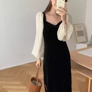 블랙 원피스 퍼프 하객 시스루 롱 벨벳 휴양지