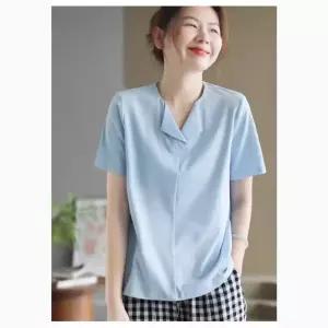 천진반 여성용 여름 데일리룩 티 라운드넥 앤크 반오픈 카라 반팔 퓨어 칼라 슬림 상의 KUK2