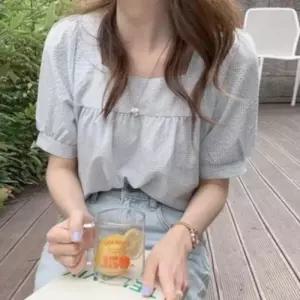 여성 크롭 퍼프 스퀘어넥 여름 시원한 셔링 블라우스