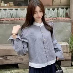 여성 스트라이프 봄가을 롱 원피스 배색카라 얇은 블라우스