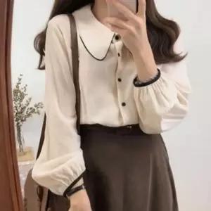 여성 봄가을 상견례 긴팔 카라 하객룩 배색 블라우스