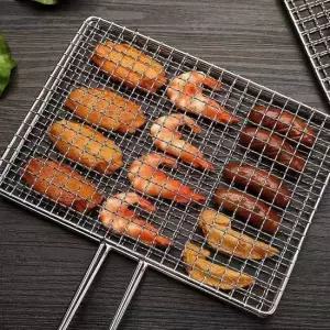 스텐 사각 직화 이중 겹 석쇠 생선 양면 그릴 캠핑 숯불 쥐포 갈비 고기 R400
