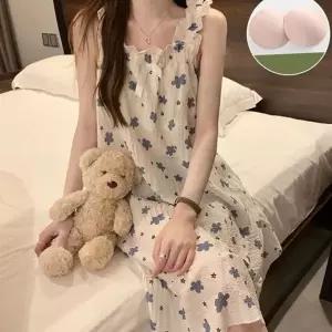홈 웨어 원피스 플라워 민소매 여름 여성 잠옷 원피스 파자마