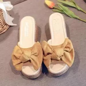 여성 웨지 슬리퍼 굽7cm 여성 통굽 웨지 슬리퍼 리본 캐주얼 데일리 키높이