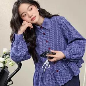 여성 프릴블라우스 체크셔츠 링클프리셔츠 봄블라우스 깅엄체크셔츠 블루셔츠
