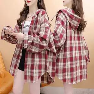 여성 봄 가을 후드 체크 셔츠 루즈 데일리 캐주얼 긴팔 톱 코트