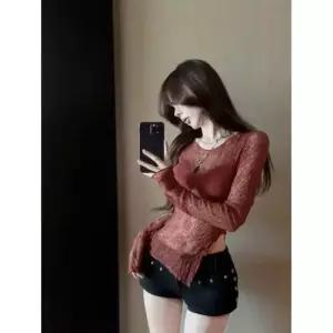 롱 티셔츠 여자루즈핏티셔츠 레이스 펀칭 긴팔 동남아 상의 시스루 잔 ible1