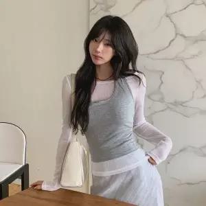 [하프클럽/]여성용 시스루 홀터넥  레이어드 티셔츠 세트