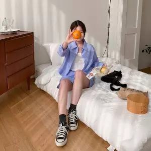 [하프클럽/]여성 카라 스트라이프 마린 셔츠 반바지 세트
