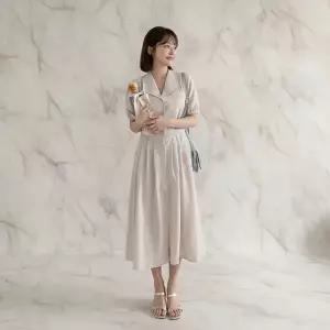 [하프클럽/]여성 카라넥 허리 조절 플리츠 롱 원피스