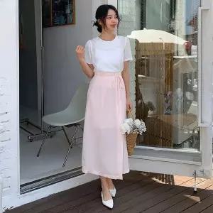 [하프클럽/]여성 뒷밴드 트임 리본 스트랩 쉬폰 긴 치마