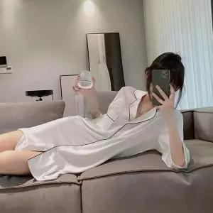[하프클럽/]여자 모조실크 셔츠잠옷 7부 원피스 파자마 신혼 2색