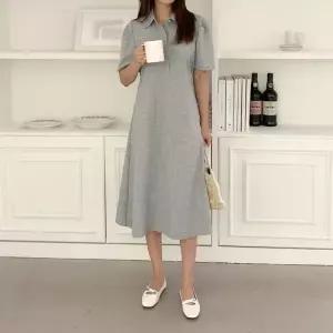 /신상오픈런 여성 카라넥 반오픈 퍼프 소매 롱 원피스
