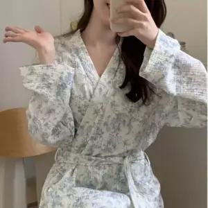 [하프클럽/]여성 긴팔 플라워 핑크 수면 잠옷 로브 파자마 가운